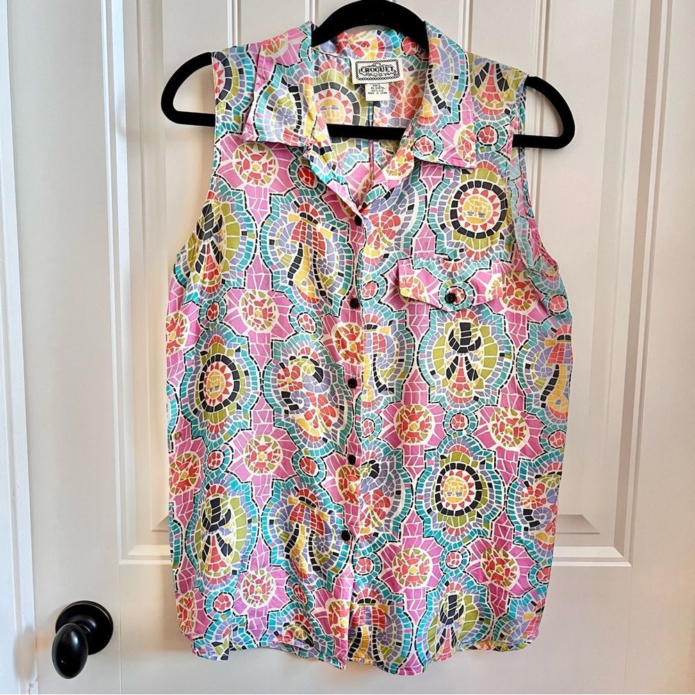 Croquet Club VINTAGE 100% silk Top Button Up Mosaic Colorful Sleeveless Large